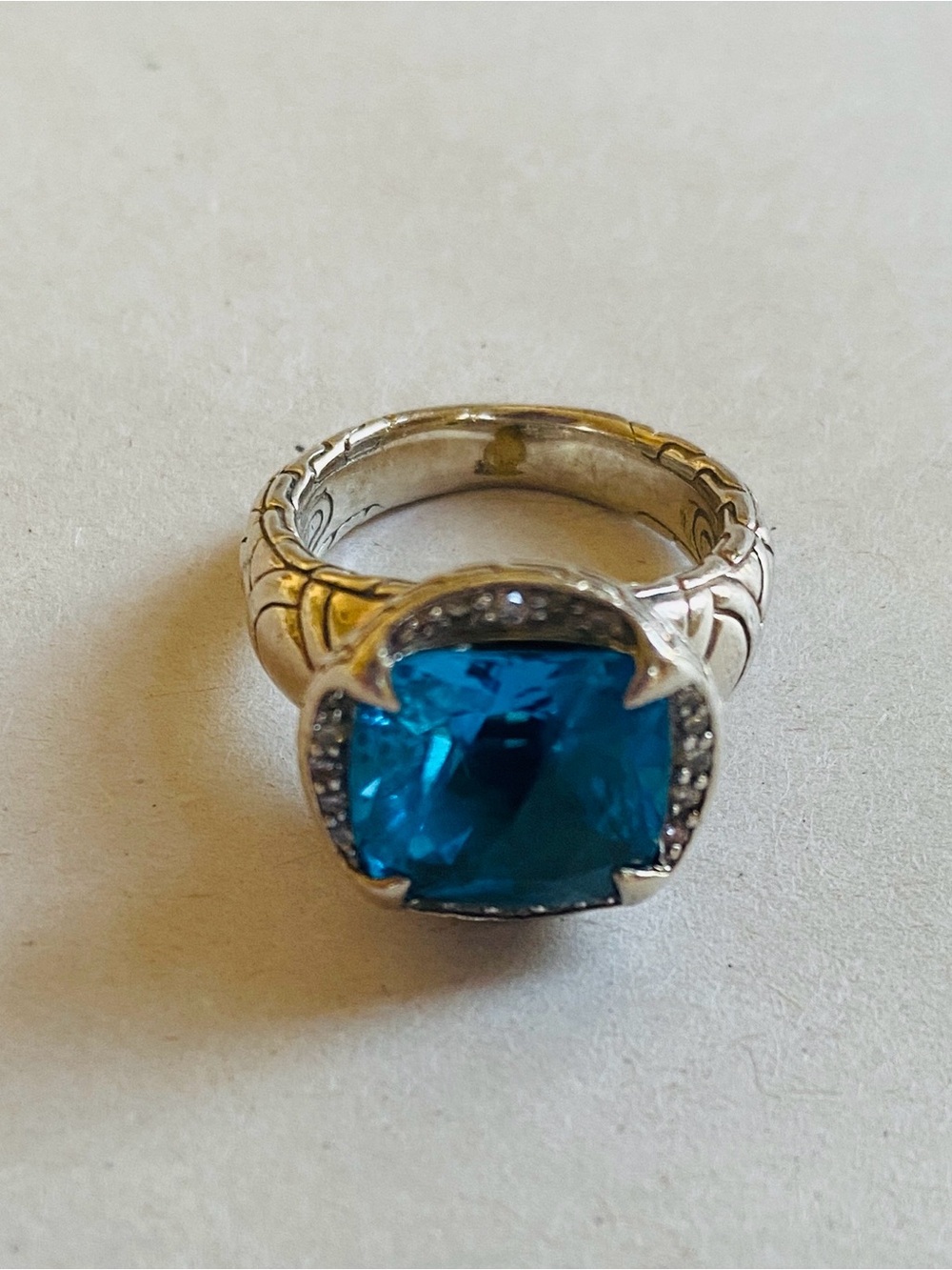 John Hardy Blue Topaz Cushion Gemstone Ring in Sterling Silver - Picture 3 of 11